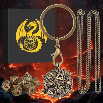 Mini DND Dice Set with D20 Spike Metal Cage Portable Keychain Necklace, Tiny 7pcs Polyhedral D&D Dice Set, DND Gifts with Gift Box, D&D Accessories for RPG, Bronze - color: Bronze