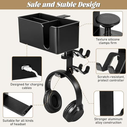 5 in 1 Controller Holder - Desk Cup Holder and Headphone Hanger, Rotatable Under Desk Clamp Organizer Dual Gamepad Headset Stand Gaming Desks Accessories for Xbox, PS4, PS5, PC, Switch