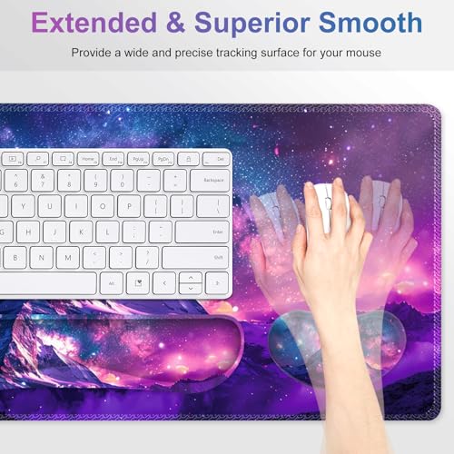 Large Gaming Mouse Pad Set, Purple 4 in1 Ergonomics Keyboard Desk Mat with Memory Foam Wrist Rest, Extended Game Mousepad, Non-Slip Desk Pad Matt Easy Typing Pain Relief I Galaxy Mountain - color: Galaxy Mountain