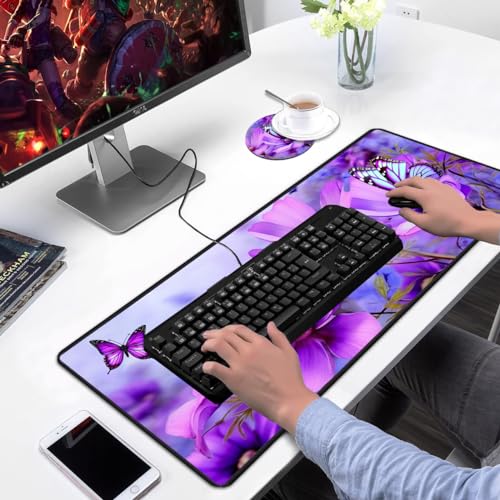 Desk Pad Mat Gaming Mouse Pads with Coasters,Stitched Edges Design Mouse Pad XXL Large Mouse Pad for Laptop Computers Purple Flowers and Butterflies Desk Writing Mat for Office & Home - color: Purple Flowers and Butterflies