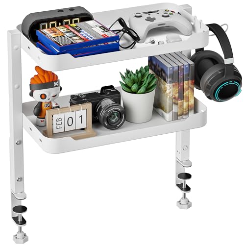 ARES WING 2-Tier Clamp On Desk Shelf, 16 inch Adjustable Above or Under Desk Storage Shelves Holds 66 lbs, Heavy Duty Desktop Organizer with Headphone Holder for Working and Gaming Accessories, White - color: White
