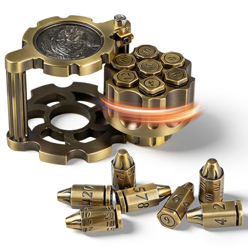 Metal Bullet Polyhedral Dice Set of 7 with Spinning Revolver Cylinder Case - Cyberpunk Style for D&D, RPG, and War-Themed Tabletop Games (Bronze) - color: Bullet Bronze