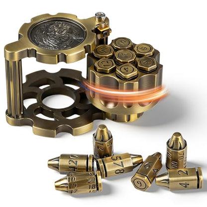 Metal Bullet Polyhedral Dice Set of 7 with Spinning Revolver Cylinder Case - Cyberpunk Style for D&D, RPG, and War-Themed Tabletop Games (Bronze) - color: Bullet Bronze