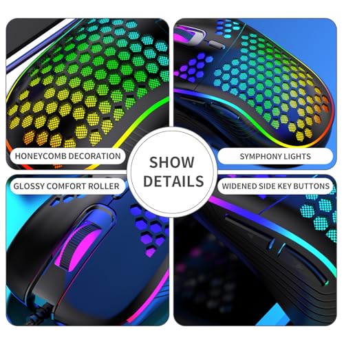 Honeycomb Wired Gaming Mouse, 65g Ultra Lightweight Ergonomic Computer Mouse with RGB Breathing Light, 7200 DPI Max, Widened Side Buttons for PC Mac Laptop Gamers, Esports & Home Office (Pink) - color: Pink