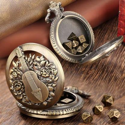 Mini DND Dice Set Steampunk Hollow Bard Pocket Watch Shell Case, 7pcs Tiny Polyhedral Metal D&D Dice Set, DND Gifts with Gift Box, Role Playing Board Games Accessories, Bronze - color: Bard