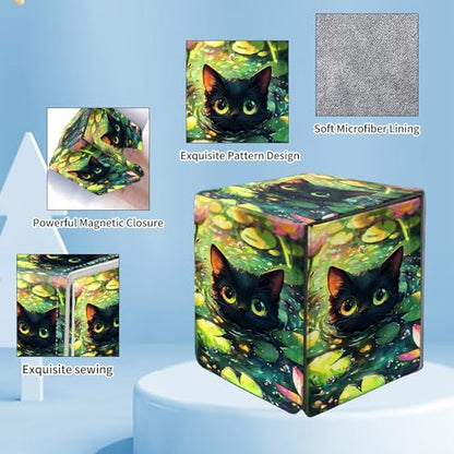 Card Deck Box for MTG Commander,Collectible Trading Storage Box Fits 120+ Single Sleeved Cards Magnetic Case PU Leather for Magic Commander TCG CCG MTG,Cat Lotus Flower - color: Cat Lotus Flower