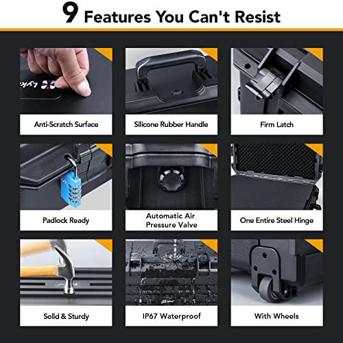 Lykus HC-6540 Hard Case with Wheels and Foam, Inner Size 23.0*16.54*14.17in | IP67 Waterproof, Pluckable Foam, Suitable for Cameras, Lenses, Electronic Equipment and More
