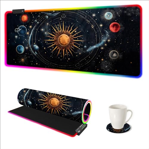 AIMSA RGB Mouse Pad LED Gaming Mouse Pad with 14 Lights Modes, Non-Slip Rubber Base Computer Carpet Desk Mat for PC Laptop (35.4 x 15.8 inch) Abstract Solar System - color: Abstract Solar System