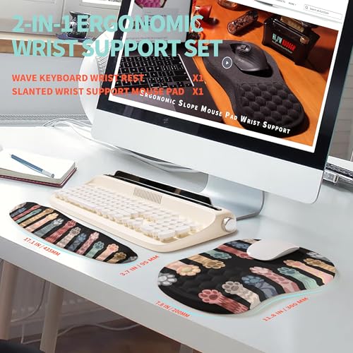 2-in-1 Ergonomic Set, Wave Rise Keyboard Wrist Rest and Massage Bulge Slope Mouse Pad Wrist Support, Cushion Memory Foam Integrated to Relieve Wrist Pain, Multicolour Cat Claws - color: Multicolour Cat Claws