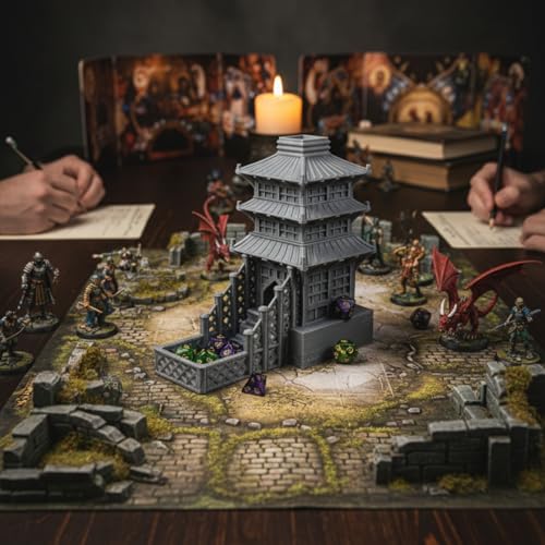 Temple Dice Dice Tower Dungeons and Dragons RPG Tabletop Roleplaying Game Jail DND (Random 7PCS D20 Dice Set Included) (Silver) - color: Silver