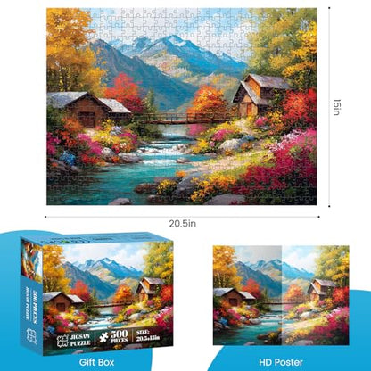 500 Piece Puzzles for Adults, Autumn Wooden Houses 500 Piece Puzzle, Beautiful Mountain Landscape Jigsaw Puzzle, Perfect for Family Game Night, Wall Decor, Gift for Adults, Seniors, 20.5 x 15 in - style: Mountain Stream