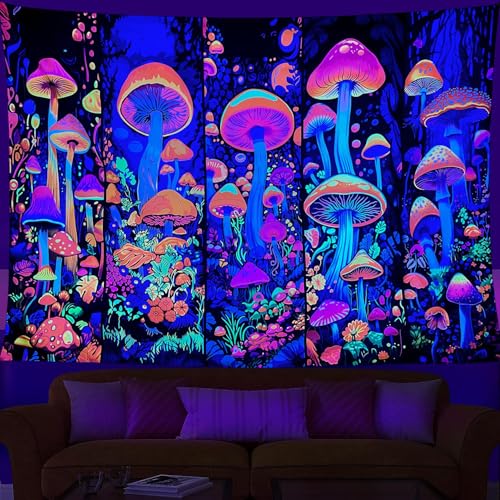 Blacklight Mushroom Tapestry Flower Plant Wall Hanging, UV Reactive Tapestries Glow in The Dark Tapestry, Hippie Wall Hanging for Bedroom Trippy Room Decor (51" x 59") - color: Colored mushroom, size: 59"L x 51"W