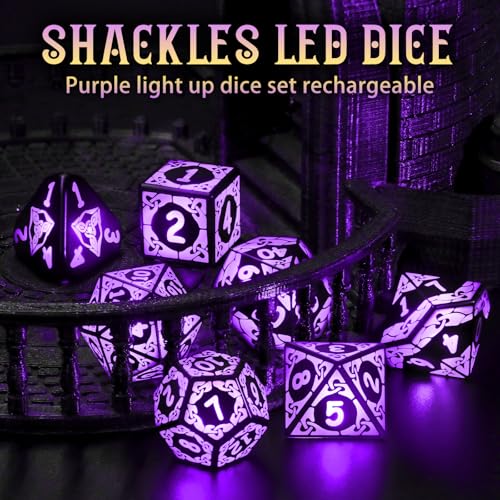 LED DND Dice Set, Light up Dice Rechargeable for RPG DM Gifts, Purple | ZHOORQI D and D Polyhedral Dice with Charging Box, Glow in The Dark Dice Easy Reading for Dungeons and Dragons TTRPG - color: Purple-shackles