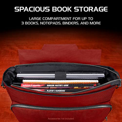 ENHANCE Collector's Edition RPG Player's Essentials DnD Bag - Dragon Hide Exterior Messenger Bag Fits 2-4 Books, Binders, Dice & Accessories, with 17 inch Laptop Slot, Battlemap Straps (Dragon Red) - color: Dragon Red