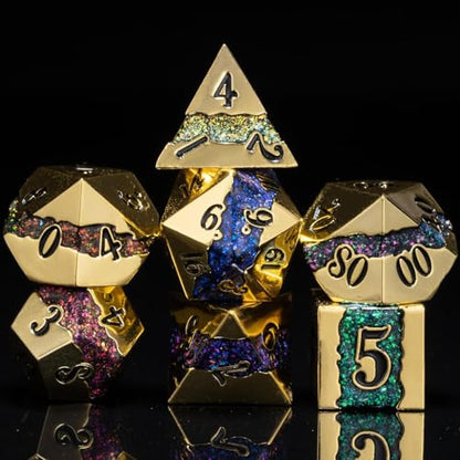 Galaxy Metal Dice Set, 7PCS Polyhedral DND Dice with Glitter Resin Inlay, Heavy Metal RPG Dice for Dungeons and Dragons Tabletop Games - color: Imitation Gold Seven Colors