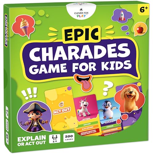 Epic Charades for Kids, Fun Family Game for Kids & Adults, 200 Cards | Act out & explain prompts, pictures for young kids, 3 difficulty levels, educational card game & board game for kids 8-12 - size: Original