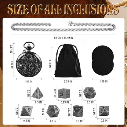 Kabinka DND Dice Set, 7pcs Mini Metal Dice with Pocket Watch Shell, Portable D&D Dic with Necklace, Dungeons and Dragons Dice for RPG(Five-Headed Dragon, Black) - color: Black, style: Five-Headed Dragon