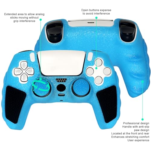 Blue Glitter Anti Slip Soft Thicked Studded Silicone Cover Skins Compatible with PS5 Controller,Include 8 PCS Blue Glitter Thumb Grips Glow and 2 Cat Paw Grips Accessories. - color: Blue Black