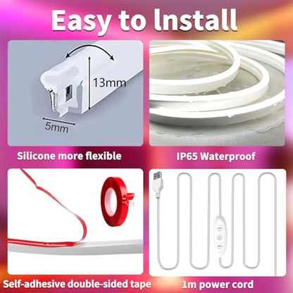 5V LED Neon Lights，3.3ft USB Powered LED Strip Lights | Color Changing Rope Light with APP Control，IP65 Waterproof Rope Lights for Bedroom，Cabinet,Kitchen(with Adhesive Backing) - size: 3.3FT