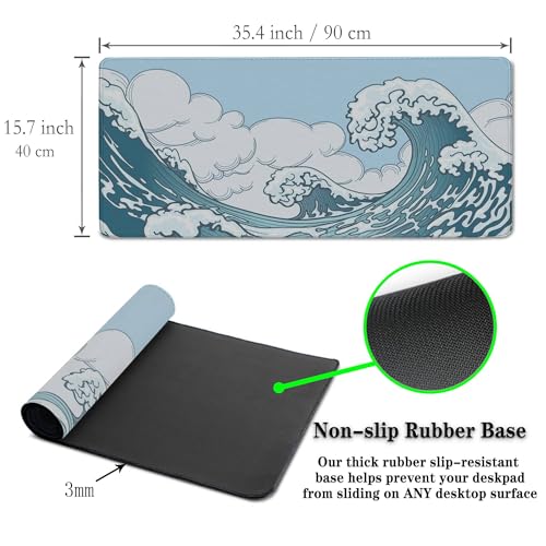 Big Mouse Pad Blue and White, Great Wave Desk Mouse Pads Office Desk Pads, Extra Large Gaming Mouse Pad Non-Slip Rubber Base Waterproof with Stitched Edges, 35.4 X 15.7 inch Japanese Wave - color: Japanese Wave