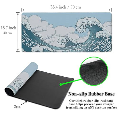 Big Mouse Pad Blue and White, Great Wave Desk Mouse Pads Office Desk Pads, Extra Large Gaming Mouse Pad Non-Slip Rubber Base Waterproof with Stitched Edges, 35.4 X 15.7 inch Japanese Wave - color: Japanese Wave