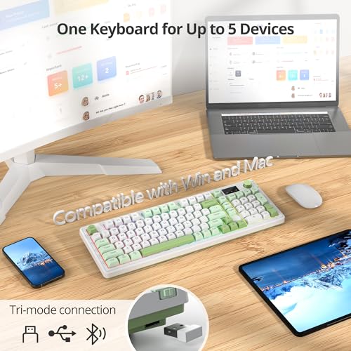 Fogruaden 96% Green Quiet Silent Wireless Gaming Keyboard with Number Pad & Knob, Mechanical Feel, Spill-Resistant, Multimedia Keys, Wired/BT/2.4G, USB Rechargeable Membrane Keyboard for Win/Mac - color: WhiteGreen