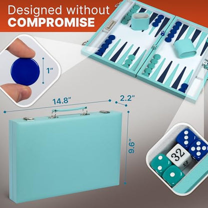 Large Turquoise Backgammon Set for Adults - Classic Board Game for 2 Players Adults and Kids - Premium 15 Inch Backgammon Board with 32 Playing Pieces in Quality PU Leather Case - style: Premium Turquoise