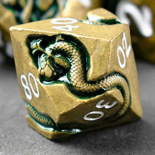 Weighted Metal DND Dice Set for Dungeons and Dragons and Pathfinder, Serpent Polyhedral RPG Dice with Engraved Numbers & Protective Gift Storage Case - color: Ancient Brass