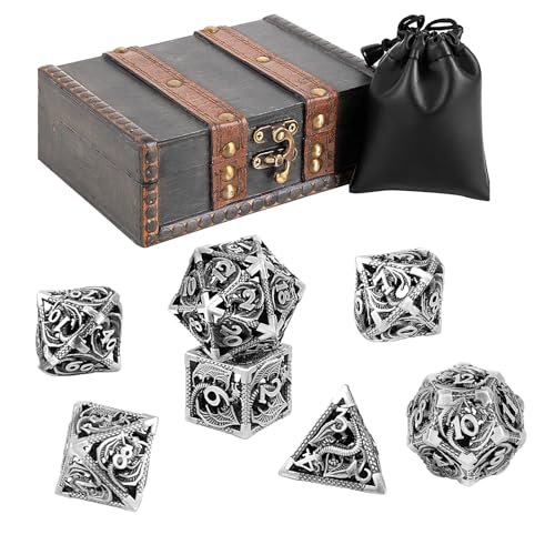 7PCS DND Dice Set, Premium Hollow Metal Polyhedral Dice with Treasure Chest & Dice Bag, Gift for Men & Women, Dungeons and Dragons, TTRPG RPG Tabletop Games(Antique Silver) - color: Antique-silver