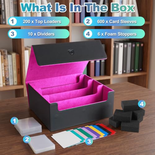 Trading Card Storage Box, Holds 1800 Sleeved Card, PU Magnetic Closure | 200 Toploaders and 600 Penny Sleeves INCLUDED, 10 Dividers and 6 Foam Stoppers INCLUDED, Fit for MTG, TCG and Sports Cards - color: Black and Fuchsia