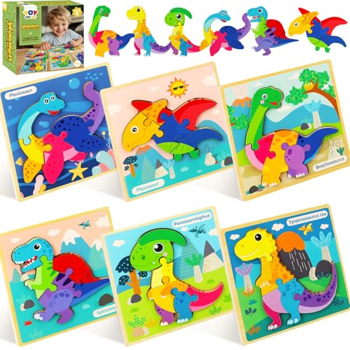 TOY Life 6-Pack Wooden Dinosaur Puzzles for Kids Ages 3-5 | Six colorful designs, easy-grip pieces, fine-motor practice, quiet travel activity, birthday gift - style: 6 Pack