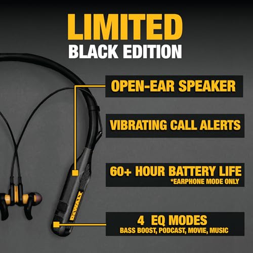 DEWALT Heavy Duty Black Edition 2-in-1 Neckband Bluetooth Headphones | w/Built-in Speakers, Jobsite Wearable Speaker & Around Neck, Wireless Headset, 60+ Hrs Hands-Free Music & Calls, Carry Pouch - color: Black