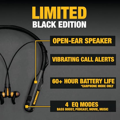 DEWALT Heavy Duty Black Edition 2-in-1 Neckband Bluetooth Headphones | w/Built-in Speakers, Jobsite Wearable Speaker & Around Neck, Wireless Headset, 60+ Hrs Hands-Free Music & Calls, Carry Pouch - color: Black