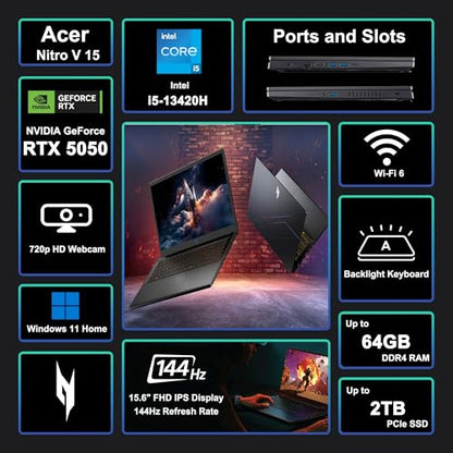 iCarp Customized Laptop Made with Acer Nitro V 15 Gaming Laptop 15.6" FHD IPS 165Hz Intel 8-core i5-13420H 16GB/32GB/64GB RAM 512GB/1TB/2TB SSD RTX 5050 GDDR7 DLSS4 Backlit Thunderbolt Win11 - style: i5-13420H + RTX 5050