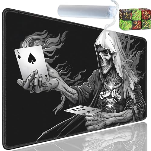 Playmat for MTG, 24x14 Inches Playmats, for TCG and CCG Trading Card Game Mat, Non-Slip Rubber for MTG Playmats with A Storage Bag and 6 Dice Set, Poker Skeleton Man Pattern Black - color: Yu-Playmat-1-E130