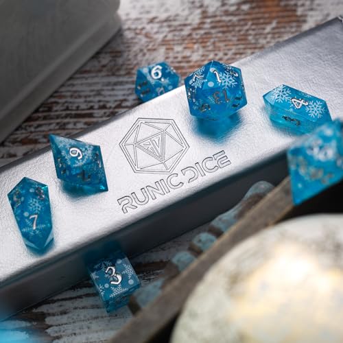 Christmas Blue Snowflake Resin DND Dice Set | 7 Pcs Polyhedral RPG Dice Set with Box | Hand Carved Resin RPG Dice for Dungeons & Dragons, Pathfinder, Tabletop Games