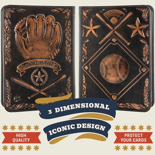 Baseball Card Binder - Stunning 3D Raised & Hand Colorwashed PU Leather Binder - 9 Pocket Album w Zipper - 360 Side Loading Sleeves Book for Baseball Trading Cards - Works with Topps, Bowman, Panini.. - color: Iconic Design