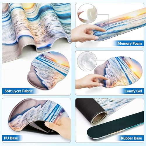 Desk Mat Set Keyboard and Mouse Pad with Wrist Rest Support | Ergonomic,Pain Relief, 4-in-1 Large Big Mousepad Computer Mats,Desk Pad Matt Mats for Desktop Home & Office - color: F-Blue Sunset Beach