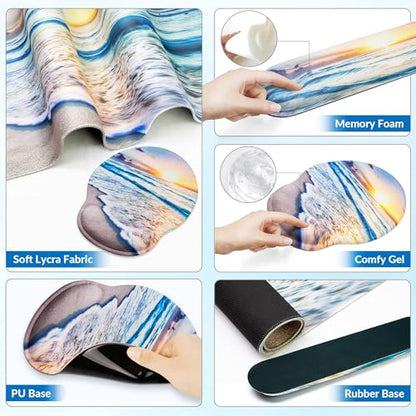 Desk Mat Set Keyboard and Mouse Pad with Wrist Rest Support | Ergonomic,Pain Relief, 4-in-1 Large Big Mousepad Computer Mats,Desk Pad Matt Mats for Desktop Home & Office - color: F-Blue Sunset Beach