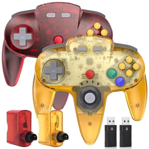 2 Pack Wireless N64 Controller for Switch 1/2, N64 Console,Clear Yellow/Red | (Built-in Vibration) (Rechargeable) (3D Analog Stick), 2.4 GHz USB & N64 Receiver Made for Switch Online, Windows PC, macOS