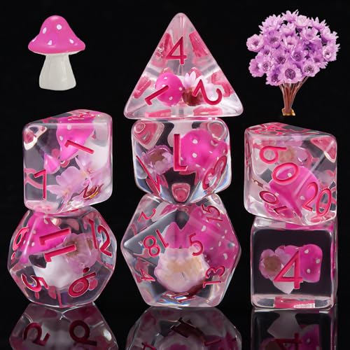 Polyhedral D&D Dice Mushroom Dice,Resin Mushroom&Flower DND Dice Set for Dungeons and Dragons MTG RPG Board Games for 15 Years and Up - color: Mushrooms-flower