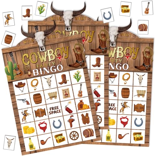 Blosssound Cowboy Bingo Game Set Bingo Cards for 24 Players Wild West Party Game for Family Activities Rodeo Holiday Cards for Western Party Favor - style: Cowboy