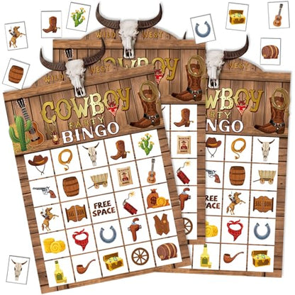 Blosssound Cowboy Bingo Game Set Bingo Cards for 24 Players Wild West Party Game for Family Activities Rodeo Holiday Cards for Western Party Favor - style: Cowboy