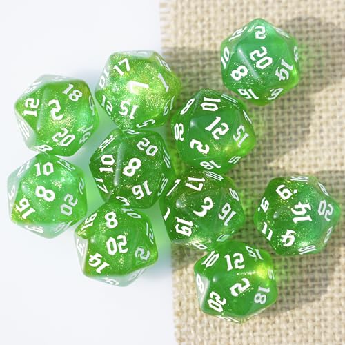 10PCs D20 Polyhedral Dice Set 22mm for DND RPG MTG Dungeons and Dragons Dice (Green) - color: Green