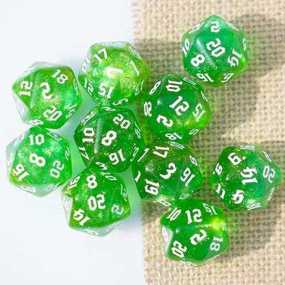 10PCs D20 Polyhedral Dice Set 22mm for DND RPG MTG Dungeons and Dragons Dice (Green) - color: Green