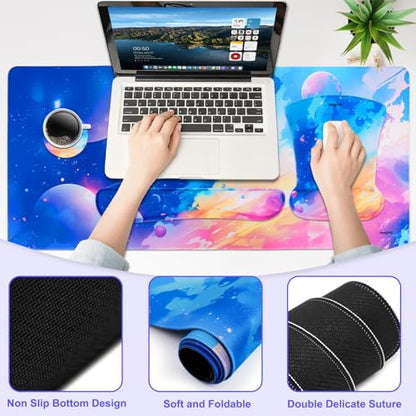 MEGREZ 4-in-1 Mouse Pad with Wrist Rest Ergonomic Memory Foam Desk Mat Set | ergonomic, anti-slip base, 4pcs set, desk pad, mouse wrist rest, keyboard rest, coaster, ideal for office & gaming - color: Colorful Interstellar