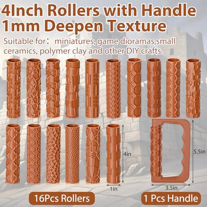 Leriton 17 Pcs Clay Texture Roller Set with Handle, 8-Pattern 3D-Printed Miniature Texture Rollers for Clay, Miniatures, Tabletop, Pottery (Terrain) - style: Terrain