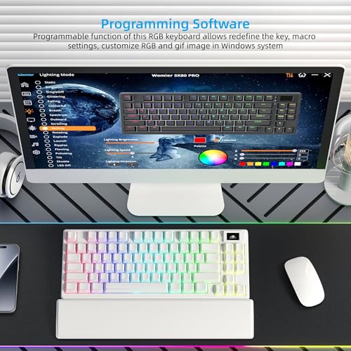 Womier 75% Wireless Mechanical Keyboard with Color Multimedia Screen | PC Gaming Keyboard, 3-Modes Hot Swappable Shine Through Manga Keyboard w/Wrist Rest, Gasket RGB Custom for Mac/Win (SK80 PRO） - color: White-1
