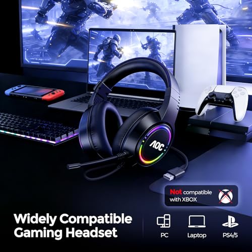 AOC Gaming Headset, Black Wired Gaming Headphones with 50mm Drivers, RGB USB Corded Headphone for PC/Laptops, Over Ear Headset with Mic for PS4/PS5/NS Switch(Docked Mode), ACG2510
