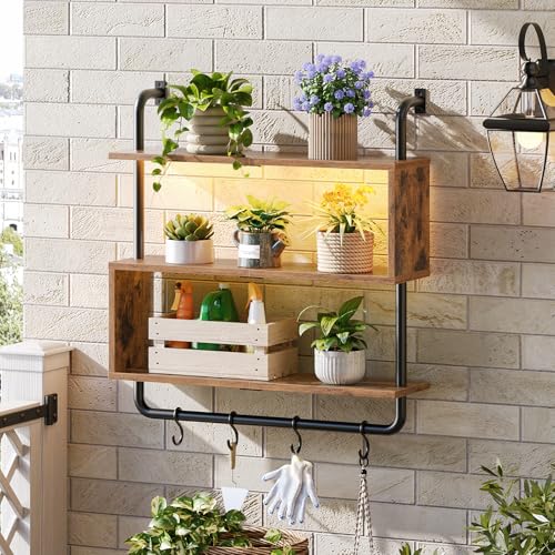 HOOBRO Floating Shelves with LED Lights, 29.5" LED Wall Mounted Gaming Shelf, 3-Tier Pipe Display Rack with Hanging Rod and 4 S-Hooks, for Storage Livingroom, Bedroom, Rustic Brown and Black BF21DBJ01 - color: Rustic Brown + Black